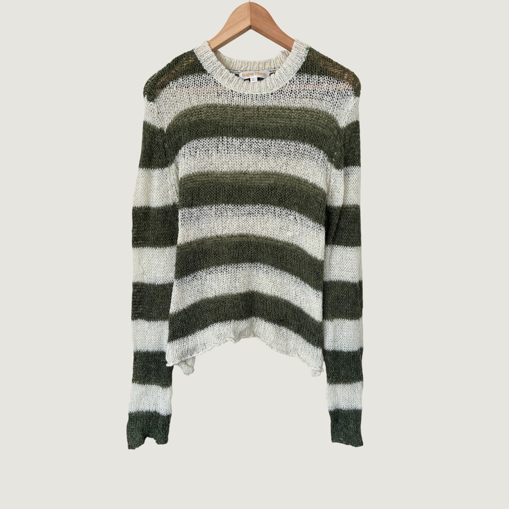 Sugar Moon Striped Knit Sweater Olive Green Cream Grunge Gorpcore XL